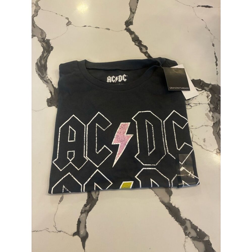 AC/DC Black Tee with Pink Accent Lightning Print